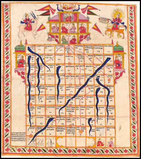 Game of Snakes & Ladders, painted on cloth, India, 19th century.  Victoria and Albert Museum, London