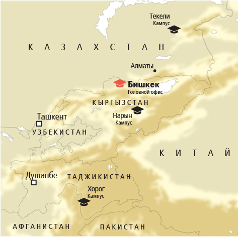 University of Central Asia (UCA) and its campuses in Kazakhstan, Kyrgyzstan and Tajikistan.