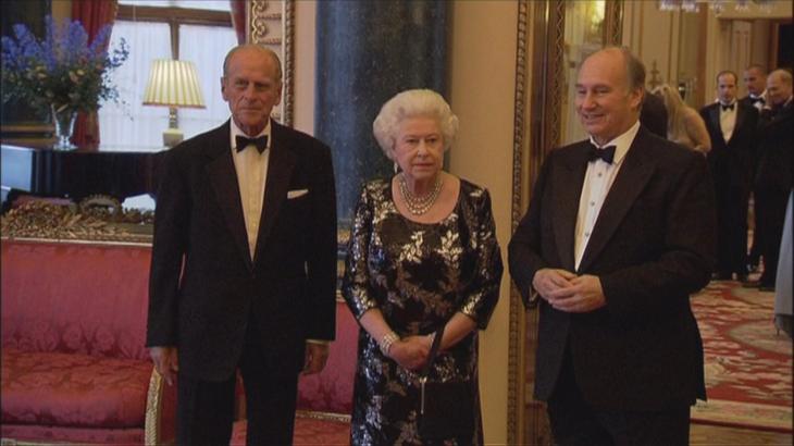 The Aga Khan with Queen Elizabeth and Prince Philip. The Aga Khan is recognized worldwide by world leaders and organizations for his development work. (Image via CCTV/CNTV)