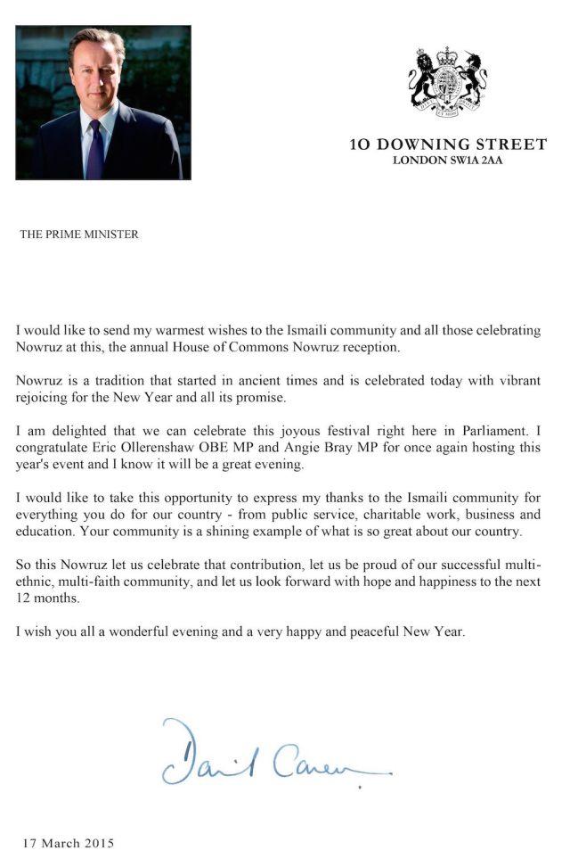Prime Minister David Cameron sends Navroz Greetings to the UK Ismaili Community