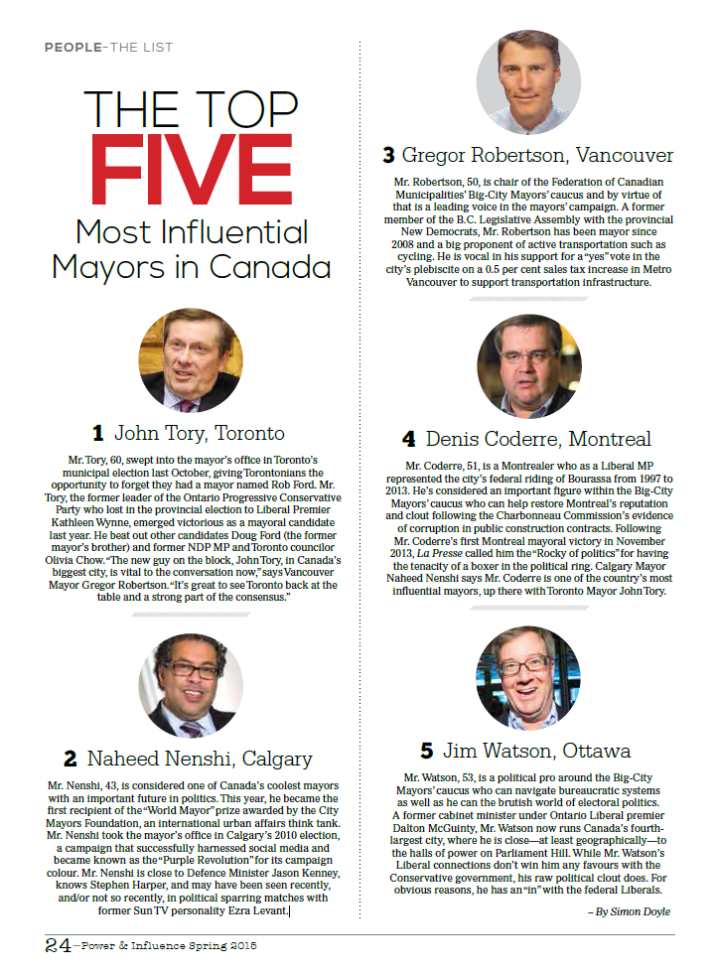 Power & Influence - spring 2015 - The top 5 most inflential Mayors in Canada