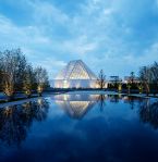 The reflecting pool of the Aga Khan Park, mirroring the roof of the Ismaili Centre, Toronto at dusk. (Photo: Janet Kimber via Digital Journal)
