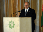 The Aga Khan addresses attendees at the opening ceremony for the Aga Khan Park (image via Torontoist)