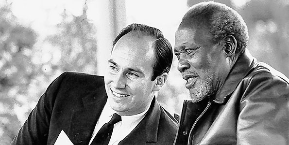 1960s: His Highness Prince Karim Aga Khan with Kenya's 1st President Jomo Kenyatta, father of Kenya's current President Uhuru Kenyatta. (image credit Ismaili.net)