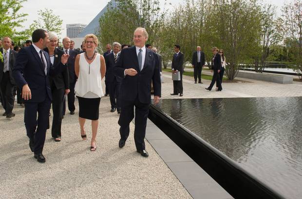 Landscape architect Vladimir Djurovic leads Ontario Premier Kathleen Wynne and His Highness the Aga Khan on a tour of the Aga Khan Park during its inauguration. The park encompasses the Aga Khan Museum and the Ismaili Centre, both of which were inaugurated last September. (Kevin Van Paassen for The Globe and Mail)