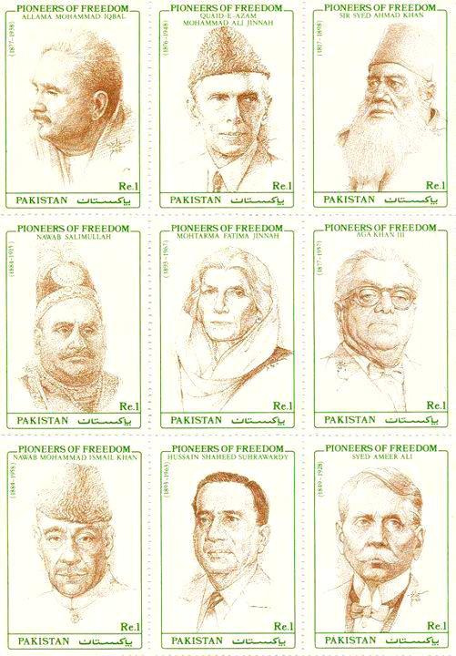 'Pioneers of Freedom' series of stamps issued by Pakistan in 1990. His Highness Aga KHan III is in the middle row on the right. (Image Credit: ASJM Collection)