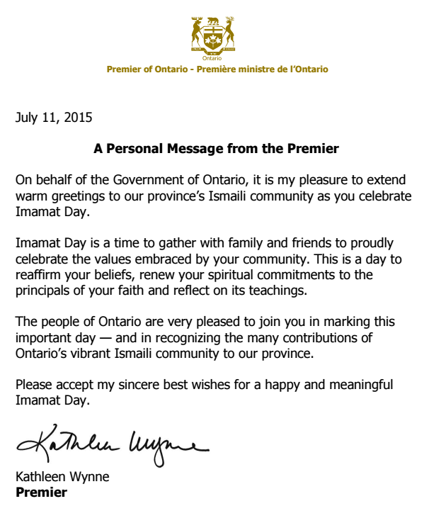 Premier of Ontario, Kathleen Wynne issues statement on Imamat Day