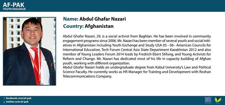 Abdul Ghaffar Nazari selected as Peace Ambassador in Af-Pak Youth Dialogue