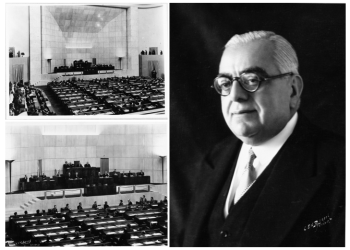 18th Assembly showing His Highness Aga Sir Sultan Muhammad Shah, Aga Khan III in the Presidential Chair. Geneva 1937 – Photo League of Nations Archive