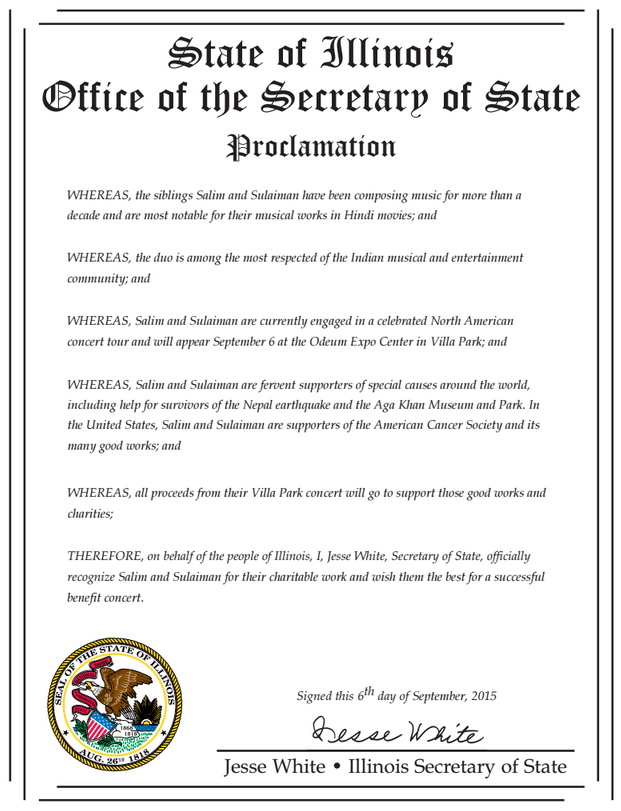 Illinois Secretary of State issues Proclamation to recognize Salim and Sulaiman's charitable work