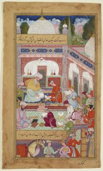 Folio from the Akhlaq-e Nasiri (Ethics of Nasir) Tusi (d. 1274), Northern India, dated 1590-95. At the centre of the painting is a youth reading under the masterful eye of his teacher while other students study independently in the building’s courtyard. (Image Aga Khan Museum).