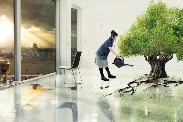 Larissa Sansour envisions Palestine as a futuristic luxury high-rise where citizens press an elevator button instead of navigating Israeli checkpoints. (Image via Now Toronto)