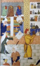 Illustrated manuscript dated 16th century shows a textile merchant in a busy bazaar (Image: The Ismailis: An Illustrated History)