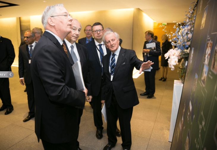 His Highness the Aga Khan and His Royal Highness the Duke of Gloucester review an exhibition of the work of the Aga Khan Trust for Culture (AKTC) with Luis Monreal, General Manager the AKTC. (Photo: AKDN / Anya Campbell)