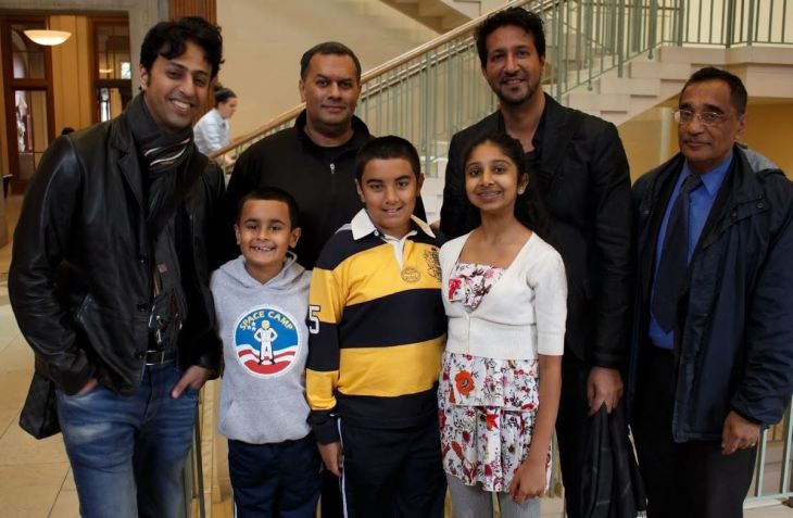 Back, Left to Right: Salim Merchant, Azeem Maherali, Sulaiman Merchant, and Professor Ali Asani. <br /> Front, Left to Right: Excited young fans: brothers Riyaan and Qayl Maherali; and Alyna Nanji. (Image credit: Anvar Nanji Copyright)