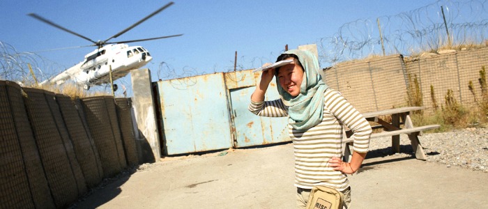 May Jeong about to board a UNHAS helicopter at Forward Operating Base Salerno in Khost province, eastern Afghanistan.
