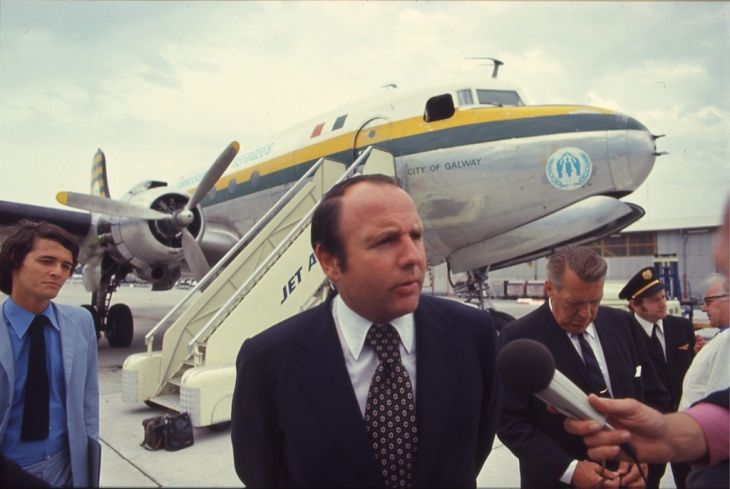 United Nations High Commissioner for Refugees Sadruddin Aga Khan being interviewed in front of the "City of Galway". (Image credit: UNHCR / D. Vittet / June 1971)