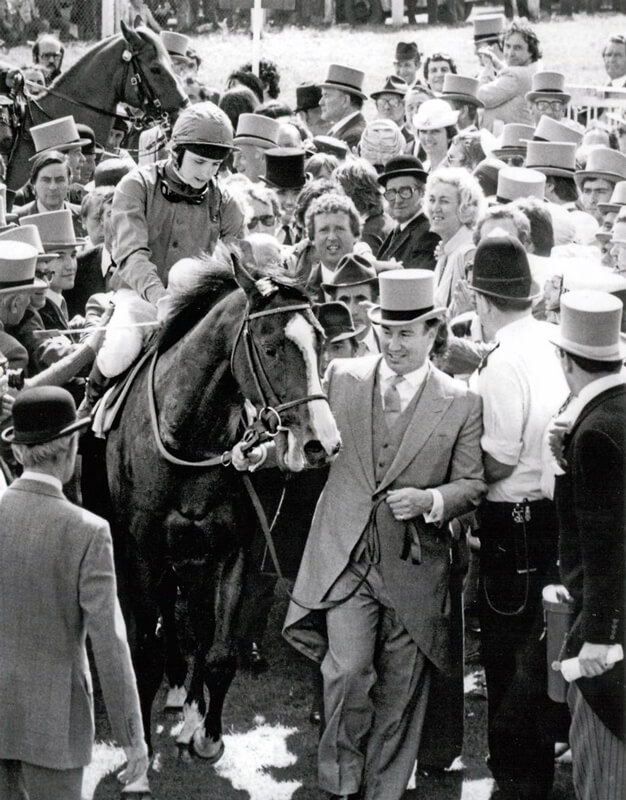 1981: His Highness Prince Karim Aga Khan IV leading Shergar after his win in the 1981 Epsom Derby (Photo by Getty Images)
