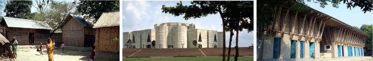 Past Bangladesh AKAA winners (left to right): Grameen Bank Housing Programme (1989); National Assembly Building (1989); School in Rudrapur (2007). (Image credit: AKDN AKAA)