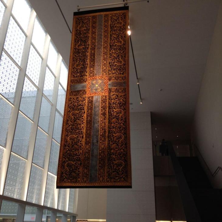 A six meters long double sided tapestry ‘Your Way Begins on the Other Sides’ by Aisha Khalid. (Photo by Alyna Nanji)