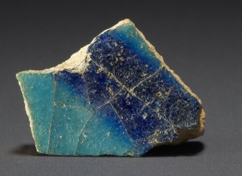 Fragment of glazed pottery with underglaze painting of one dark blue stripe, from Peter Willey Collection, British Museum.