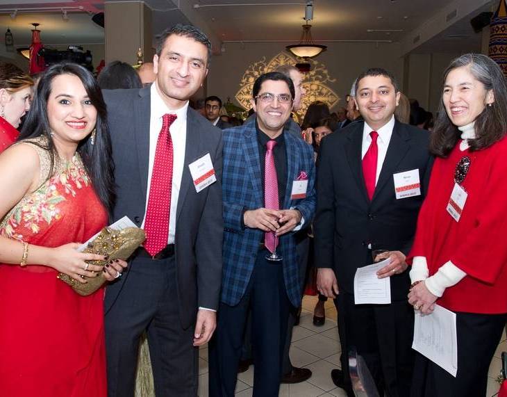 Pictured at the Red Sari evening, from left, are Ronak Sitafalwalla; Dr. Shoeb Sitafalwalla, medical director and founder of SACC; Ghulam Khalfan, community organizer; Dr. Nirav Shah, director of the Illinois Department of Public Health; Dr. Julie Morita, commissioner of the Chicago Department of Public Health. Photo: Advocate Health Care