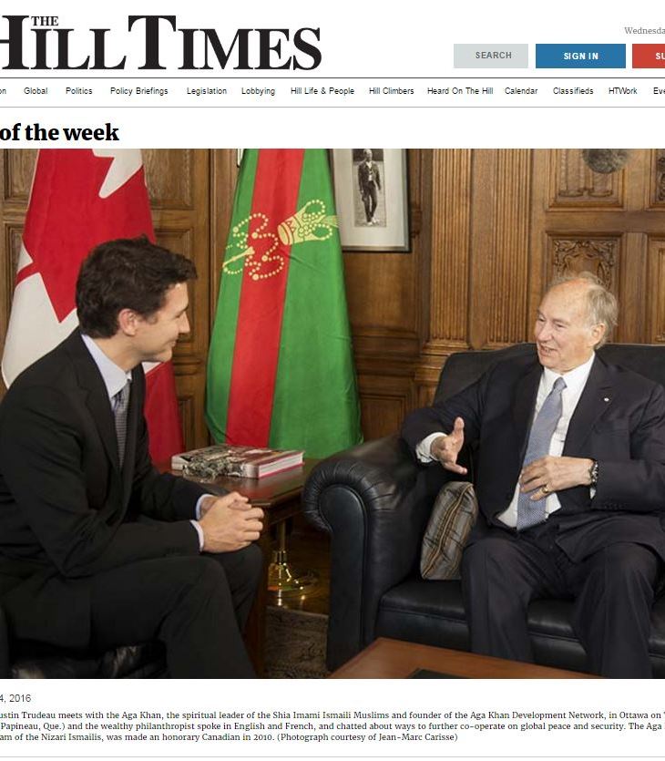 Tuesday, May 24, 2016 Prime Minister Justin Trudeau meets with the His Highness Prince Karim Aga Khan, the spiritual leader of the Shia Imami Ismaili Muslims and founder of the Aga Khan Development Network, in Ottawa on Tuesday, May 17. Mr. Trudeau (Papineau, Que.) and the wealthy philanthropist spoke in English and French, and chatted about ways to further co-operate on global peace and security. The Aga Khan, also known as the Imam of the Nizari Ismailis, was made an honorary Canadian in 2010. (Photograph courtesy of Jean-Marc Carisse)