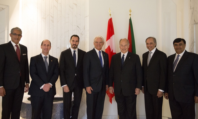 His Highness Prince Karim Aga Khan receives His Excellency Gordon Campbell at Aiglemont. (L-R): Malik Talib, President of the Ismaili Council for Canada; Rouben Khatchadourian, Political Counsellor at the Canadian High Commission to the UK; Prince Rahim Aga, Personal Representative of His Highness Prince Karim Aga Khan to Canada; His Excellency Gordon Campbell, Canada's Representative to the Ismaili Imamat and Canada’s High Commissioner to the United Kingdom, His Highness Prince Karim Aga Khan, Dr Mahmoud Eboo, Resident Representative of the Aga Khan Development Network in Canada; and Dr Shafik Sachedina, Head of the Department of Diplomatic Affairs at Hazar Imam’s Secretariat. (image credit: AKDN / CÉCILE GENEST)