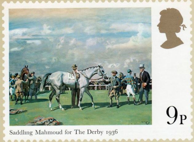 "Saddling Mamoud for the Derby 1936" single mint stamp issued to commemorate Aga Khan III's record breaking Derby wins and his contribution to British equestrian sport. (Image Credit: ASJM Collection)