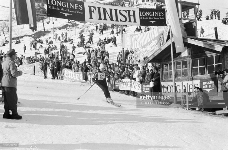Karim Aga Khan, passing the finish line banner at a skiing competition in the ski resort in the Austrian Tyrol, Kitzbühel, Austria. January 22, 1962 (Photo by Philippe Le Tellier/Paris Match via Getty Images)