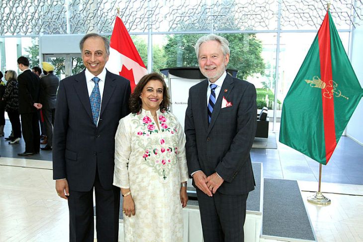 AKDN Resident Representative Dr Mahmoud Eboo and his wife Karima, with the Chief Guest Senator Peter Harder at the Delegation of the Ismaili Imamat. (Image credit: The Hill Times / Sam Garcia)