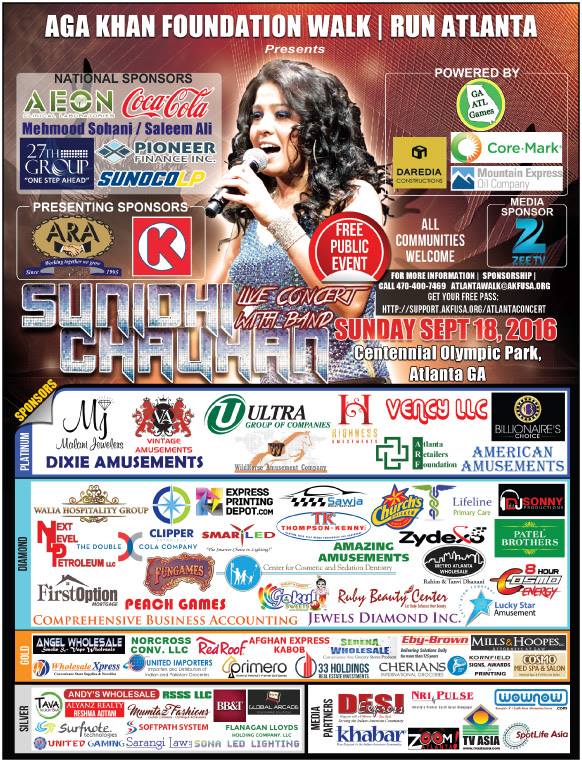 Aga Khan Foundation Atlanta Presents Indian Singer Sunidhi Chauhan Live In Concert on Sunday September 18, 2016