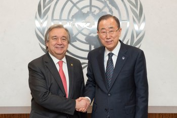 The newly elected United Nations Secretary-General, Antonio Guterres, pictured here last year while serving as High Commissioner of the UN refugee agency, together with the outgoing United Nations Secretary-General Ban Ki-moon. (Image credit: UN News Center)