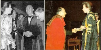London, England. October 11, 1989: Her Royal Highness Princess Anne bestows an honorary degree - Doctor of Literature in Education – D. Litt. (honoris causa) on His Highness Prince Karim Aga Khan IV, during the Founders Day Convocation ceremony at the University of London, United Kingdom. (Image from the Ismailimail Archives)