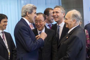 Brussels, Belgium, October 5, 2016: (L-R) U.S. Secretary of State John Kerry, U.N. Secretary General Ban Ki-moon, NATO Secretary-General Jens Stoltenberg and His Highness the Aga Khan, spiritual leader of Shia Ismaili Muslim community, attend the Brussels Conference on Afghanistan. Image credit: Reuters / Francois Lenoir