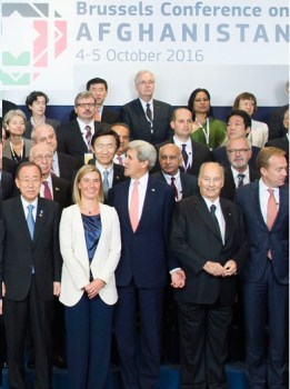 Delegates at the recently held Brussels Conference on Afghanistan Front row: left to right: Ban Ki-moon, Secretary-General of the United Nations; co-chair of the conference H.E. Federica Mogherini, High Representative of the European Union for Foreign Affairs and Security Policy and Vice President of the European Commission; John Kerry, Secretary of State of the United States of America, His Highness Prince Karim Aga Khan, 49th Imam (Spiritual Leader) of the Ismaili Muslims and Founder of the Aga Khan Development Network. (Image credit: EU)