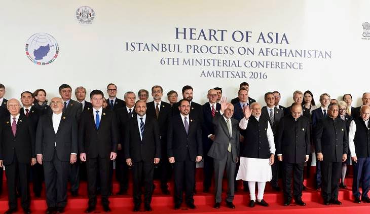 Sunday, Dec 4th, 2016 - Amritsar, India: Prime Minister Narendra Modi, along with Afghanistan's President Ashraf Ghani, Finance Minister Arun Jaitley, MoS for External Affairs V K Singh and other delegates, pose for a group photo before the inauguration of the 6th Heart of Asia Ministerial Conference. Mrs. Nurjehan Mawani, AKDN Resident Representative for Afghanistan, is seen standing at the back row, 5th person from the left. (PTI Photo by Kamal Kishore)