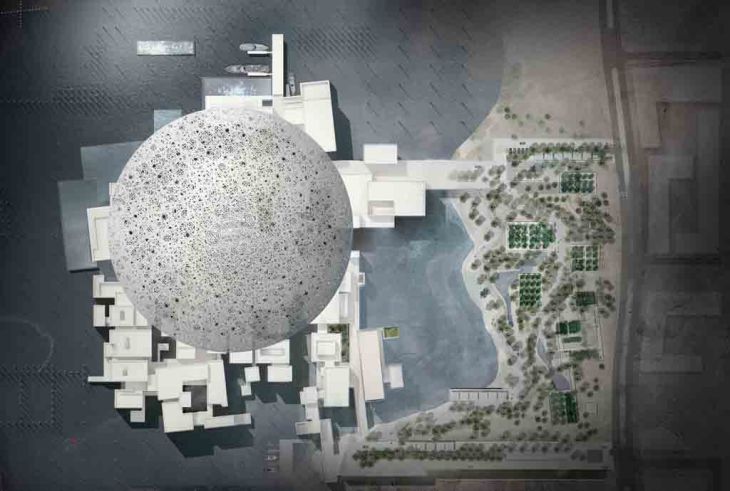 The Louvre Abu Dhabi, UAE: Arial view and site plan. Designed by Jean Nouvel, (image credit: Ateliers Jean Nouvel)