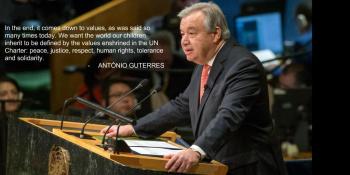 The ninth Secretary-General of the United Nations, António Guterres, addressed the General Assembly on 12 December 2016 after taking the oath of office, which was administered by Peter Thomson, President of the 71st session of the General Assembly. Image credit: UN Photo/Eskinder Debebe)