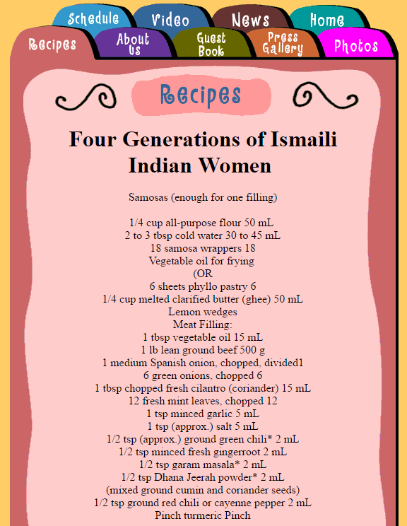 Samosa recipe from 'Four Generations of Ismaili Women' as featured on Loving Spoonfuls - The Grandmother Cooking Show, Winnipeg