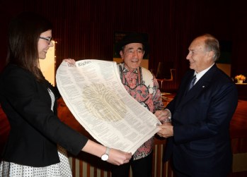 Toronto, Canada. May 19, 2016: Justice Albie Sachs presents His Highness Prince Karim Aga Khan IV with the South African Bill of Rights at the 2016 Annual Pluralism Lecture of the Global Centre for Pluralism. Long-time human rights activist, lawyer, judge and author, Justice Albie Sachs has committed his career to the values of justice, inclusion and peace. A freedom fighter for Black South Africans, a senior member of the African National Congress and a key architect of Mandela’s post-apartheid Constitution of South Africa’s post-apartheid constitution, Justice Sachs, delivered the 5th Annual Pluralism Lecture in Toronto at the Aga Khan Museum. Image credit: AKDN / Tom Sandler
