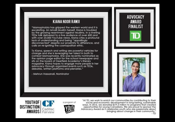 Kiana Rawji receives the prestigious Cadillac Fairview Youth of Distinction Award (YODA)