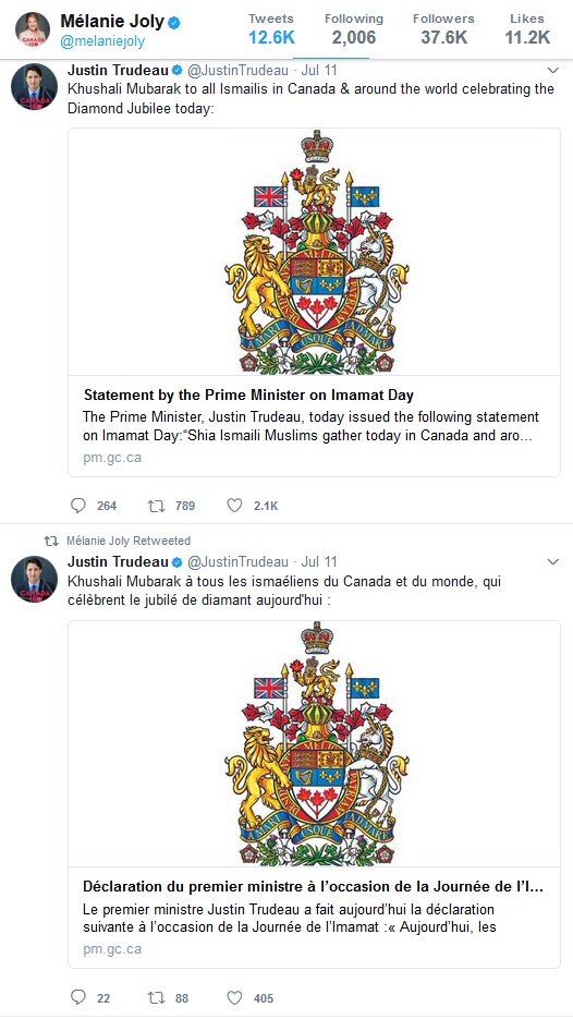 Mélanie Joly wishes Khushali Mubarak to Ismailis celebrating Imamat Day & Diamond Jubilee
