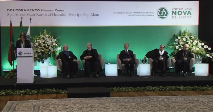 Siting from left to right: Patron of the Doctorate, Francisco Pinto Balsemão; His Highness Prince Karim Aga Khan, His Excellency President Professor Marcelo Rebelo de Sousa; Rector of the NOVA University, Professor António Rendas; and President of the NOVA University’s General Council, Professor Arantes e Oliveira (image via screen print during the live webcast)