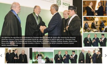 His Highness Prince Karim Aga Khan is congratulated by Portugal’s President, His Excellency Marcelo Rebelo de Sousa after receiving the Honorary Doctorate (Honoris Causa) from Universidade NOVA de Lisboa. Looking on (left to right) are Dr. Francisco Pinto Balsemão, Patron of the Doctorate and former Prime Minister of Portugal, Professor António Rendas, Rector of the Nova University and Professor Eduardo Arantes e Oliveira, President of the NOVA University General Council. (image credit: AKDN / Antonio Pedrosa)
