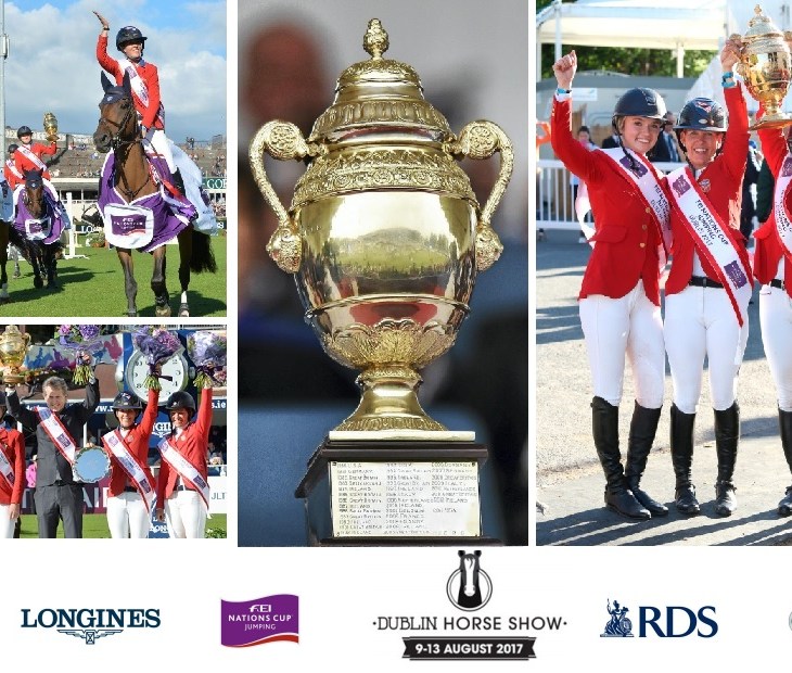 Dublin, Ireland. August 11, 2017: The all-female US team celebrate after winning the coveted the Aga Khan Trophy (center image) at the Dublin Horse Show. This was the first all-female team triumph in the 91-year history of Nations Cup Jumping competition for the world-famous Aga Khan Cup. Image credit: (L-R), Alan Betson, Christoph Taniere, Cody Glenn, Damien Eagers.