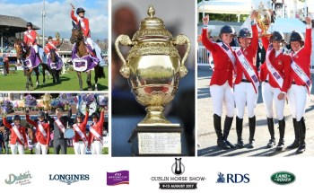Dublin, Ireland. August 11, 2017: The all-female US team celebrate after winning the coveted the Aga Khan Trophy (center image) at the Dublin Horse Show. This was the first all-female team triumph in the 91-year history of Nations Cup Jumping competition for the world-famous Aga Khan Cup. Image credit: (L-R), Alan Betson, Christoph Taniere, Cody Glenn, Damien Eagers.