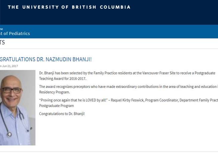 Dr. Nazmudin Bhanji receives postgraduate teaching award | The University of British Columbia, Department of Pediatrics