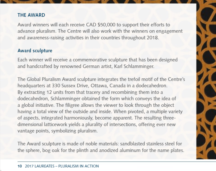Inaugural Global Pluralism Award Sculpture and Artist
