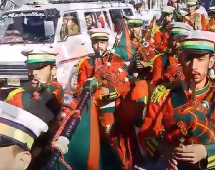 Pipe Bands from Hunza participate in a rally to celebrate the arrival of His Highness Prince Karim Aga Khan in Pakistan
